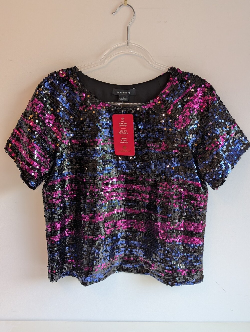 Sanctuary Black Sequin Short Sleeve Top with Pink & Blue Stripes Size Medium